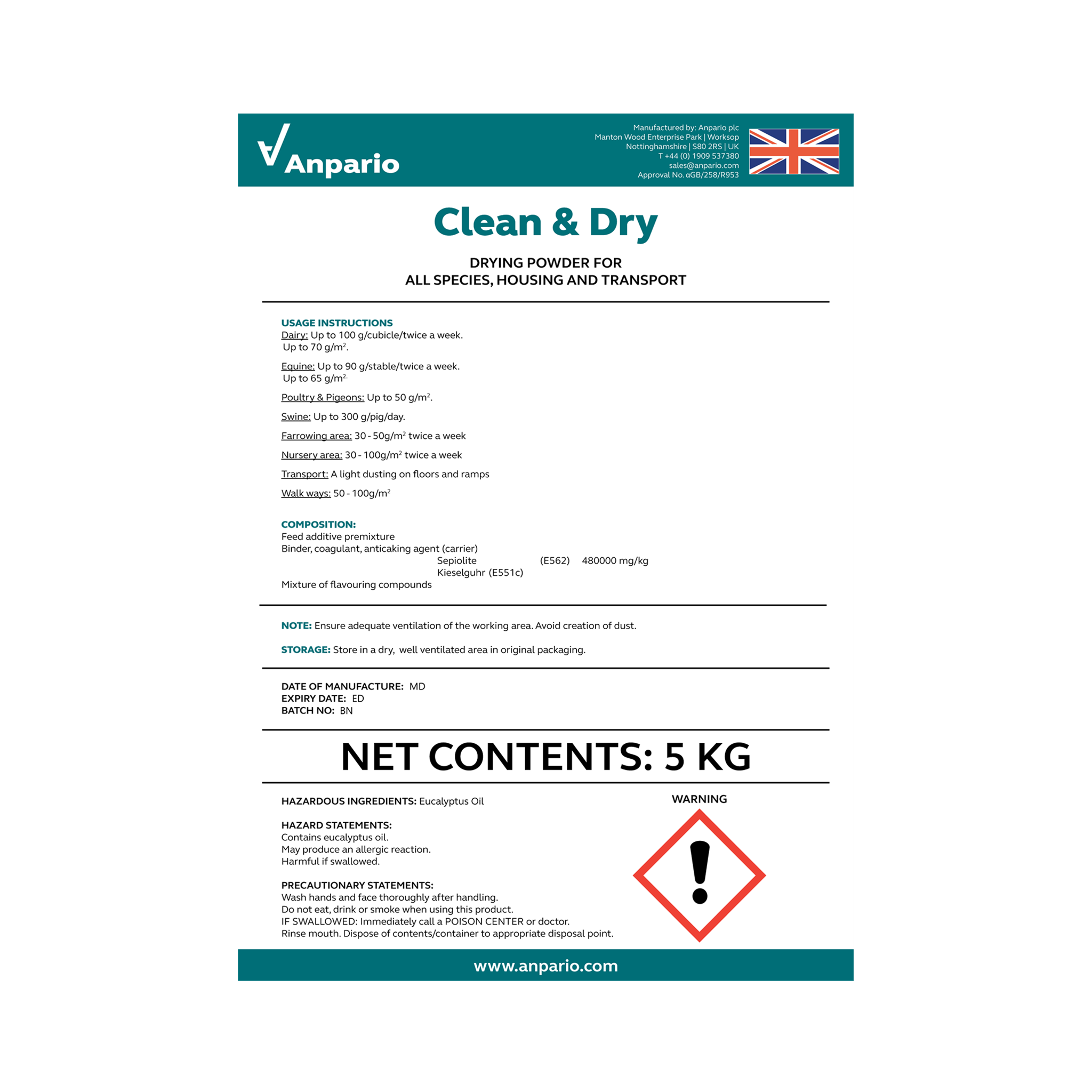 Buy Clean & Dry - Absorbent Sanitising Powder | Anpario Direct